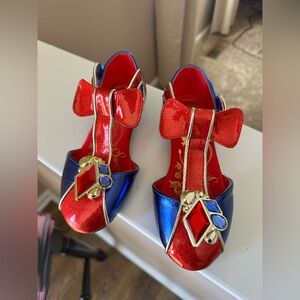 SnowWhite Disney Shoes Red and Blue Bow Shoes with Gold Accents